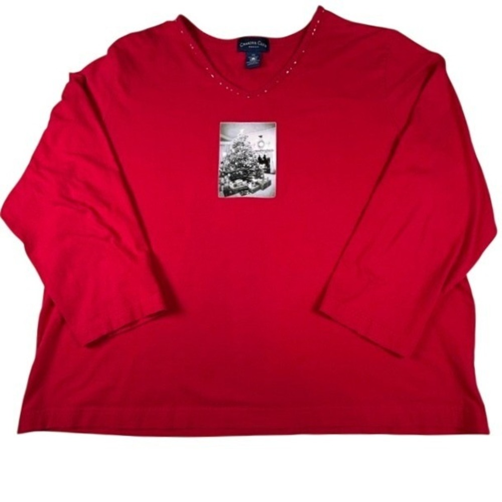 Charter Club Women's Red V-Neck 3/4 Sleeve Christmas Plus Size Shirt 2X